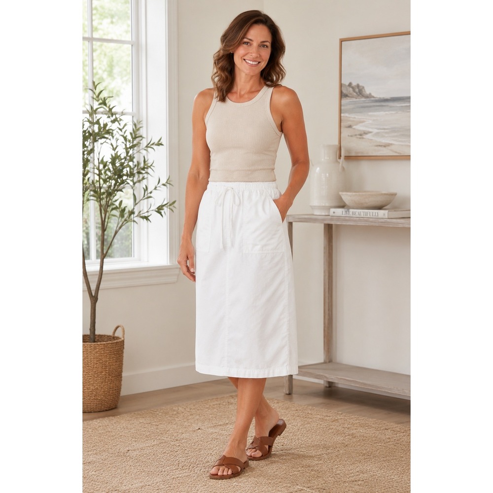 L.L.Bean White Cotton Drawstring Midi Skirt XS Elastic Waist
